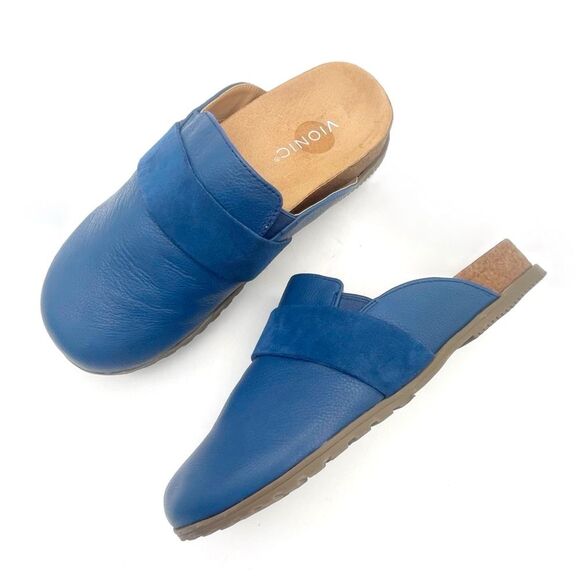 Vionic Ambrosia Clogs Blue Leather Suede Slides Slip On Orthotic Comfort Size 7 - Picture 1 of 16